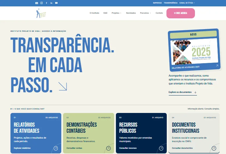 Página de Transparência do Instituto Projeto de Vida