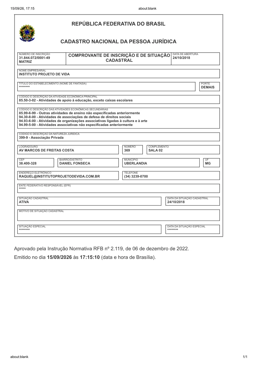 Prévia do Cartão CNPJ do Instituto Projeto de Vida